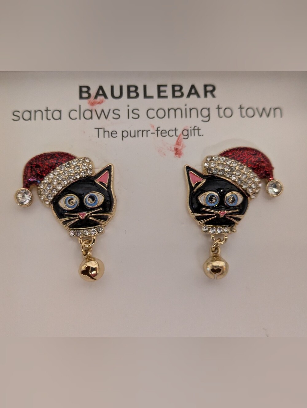 BaubleBar Black Cat Holiday Stud Earrings with Gold Bells NWOT